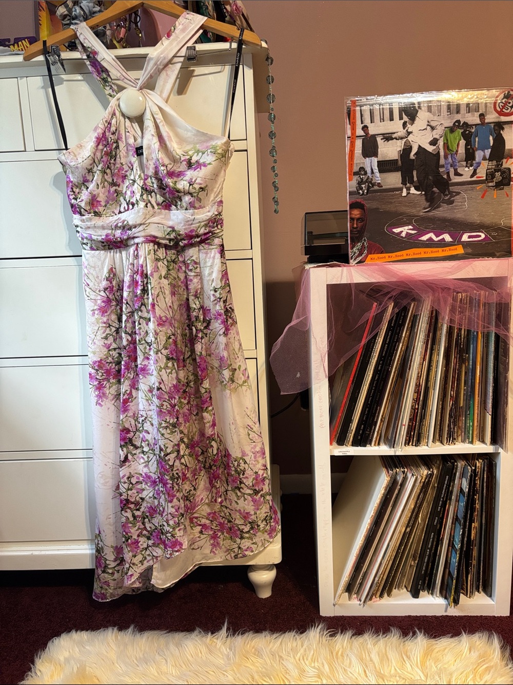 Vintage Y2K Bebe 100% Silk Purple Floral Halter Dress Asymmetrical Bias Midi Hot